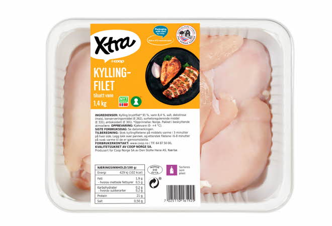 Pakke med Xtra kyllingfilet fra Coop, 1,4 kg, med synlige rå fileter og oransje etikett.