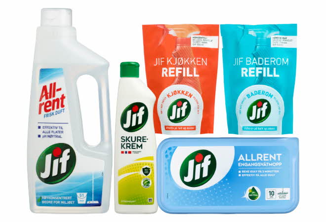 Et utvalg av vaskeprodukter fra Jif