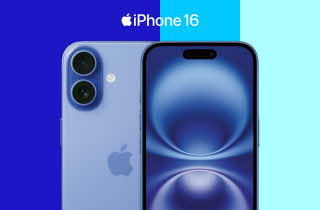 Skjermen og baksiden til en iPhone 16 mot en blå bakgrunn