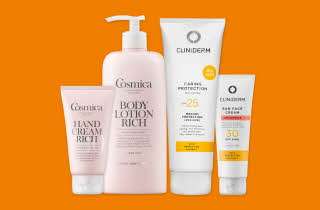 Et utvalg av hud- og solpleie produkter fra Cosmica og Cliniderm
