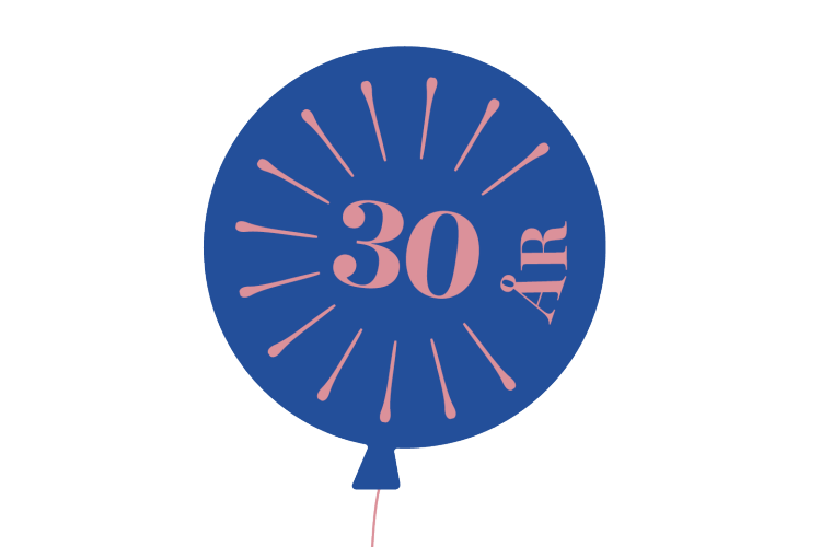 blå ballong med rosa skrift inni der det står 30 år
