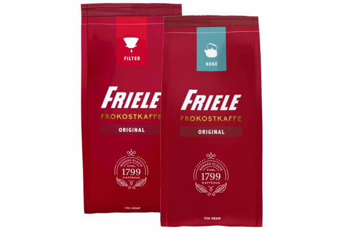 To pakker Friele Frokostkaffe, filtermalt og kokmalt, 250 g.