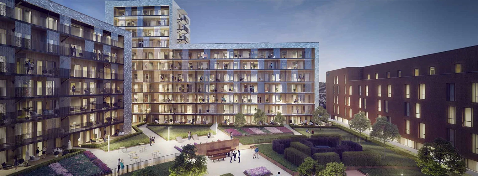 3D-illustrasjon av fasaden til Storotunet i kveldslys