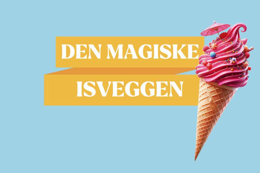 Rosa iskrem og teksten Den magiske isveggen