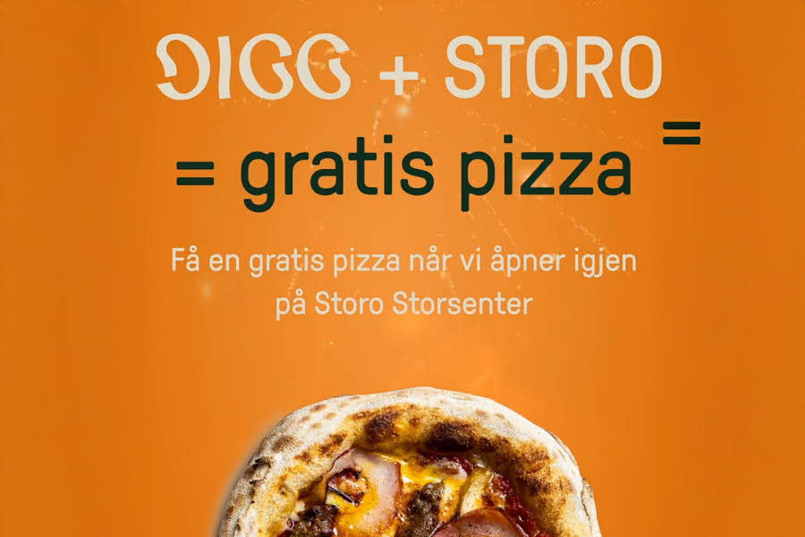Pizza med teksten "Digg + Storo = gratis pizza"