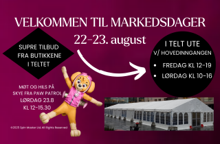 Plakat med informasjon om markedsdagene i telt utenfor H- inngangen