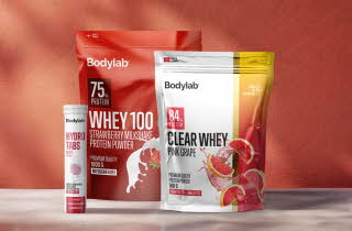 To pakker og en tube med Bodylab produkter