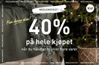 Bakgrunn med nærbilde av et bord med duk og tekst "Medlemsfest 40% på hele kjøpet når du handler to eller flere varer"