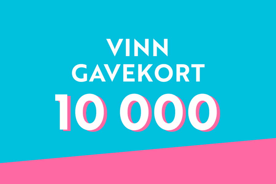 Blå og rosa bakgrunn med teksten "vinn gavekort 10 000"