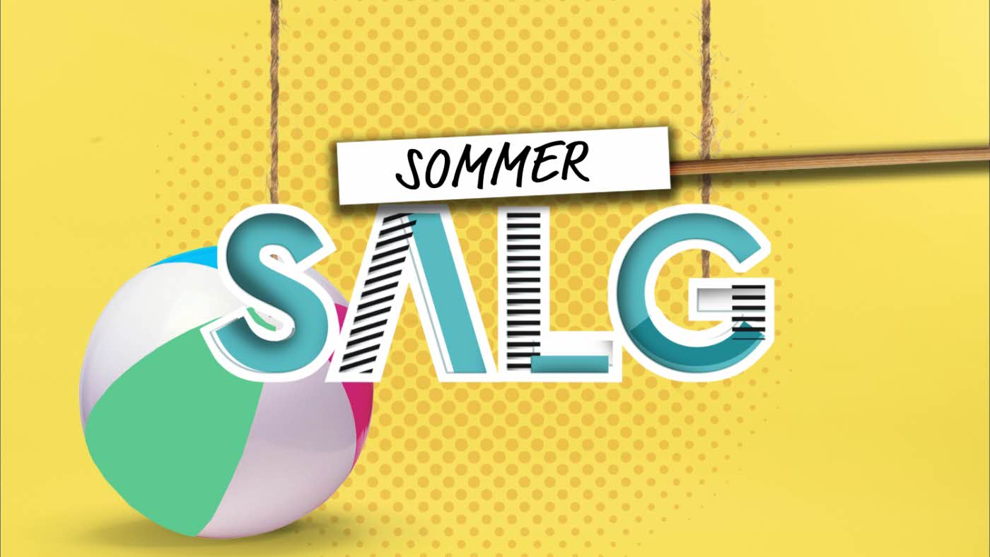 Gul bakgrunn, badeball og tekst Sommersalg