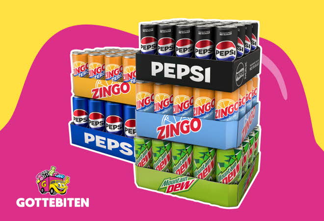 Fem brett med Pepsi, Zingo og Mountain Dew