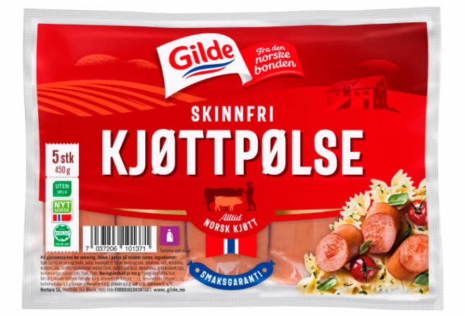 Pakke med Gilde skinnfri kjøttpølse, 450 g.