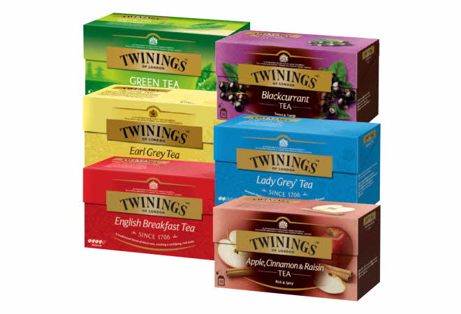 Seks forskjellige pakker med Twinings te