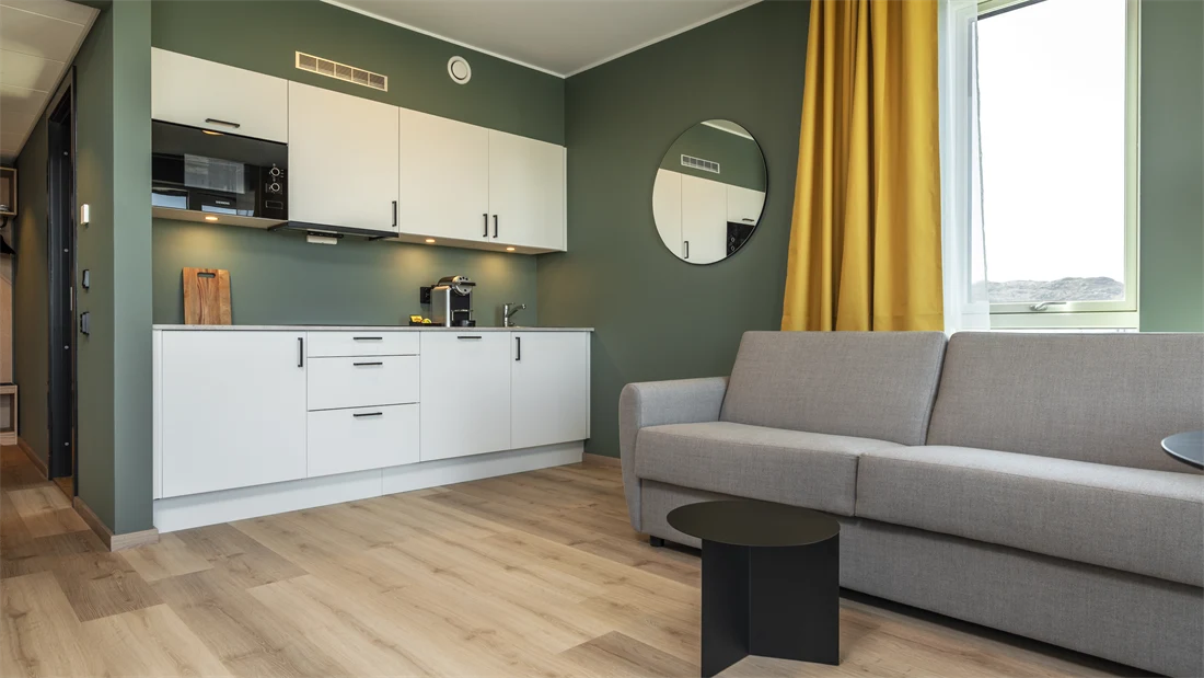 Leilighet med kjøkkenkrok, grå sofa, parkett, grønne vegger, vindu og gul gardin.