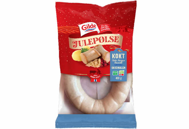 bilde av en pakke julepølse fra gilde