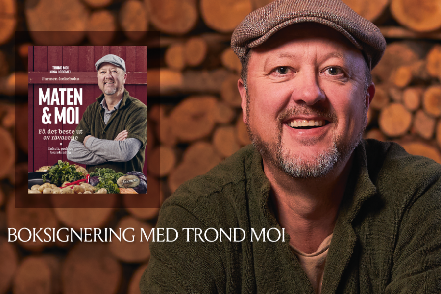 Kokk og forfatter Trond Moi med boken sin ved siden av og teksten "boksignering med Trond Moi"