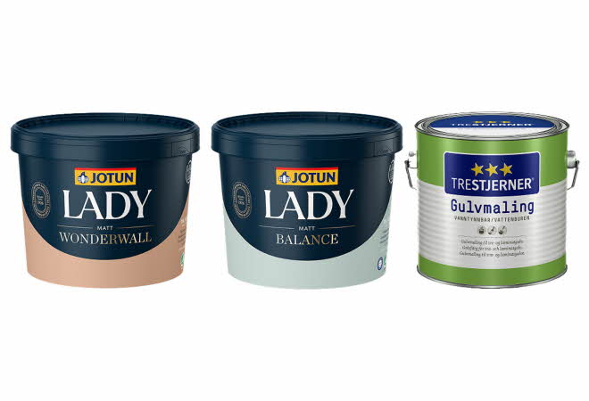 To kanner med Lady maling, og en kanne med gulvmaling