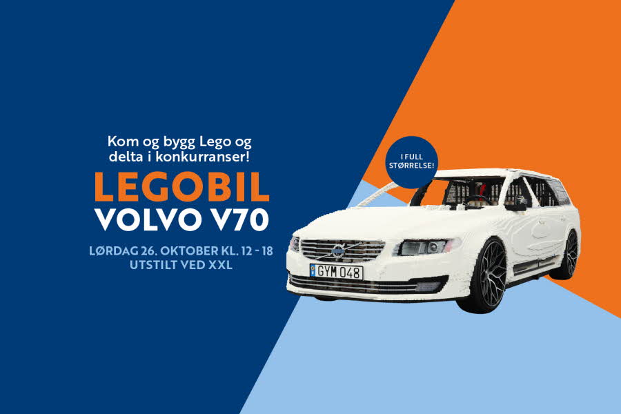 En bil laget av lego med teksten "kom og bygg lego og delta i konkurranser. Legobil volvo v70 i full størrelse lørdag 26. okt kl. 12-18 ved XXL"