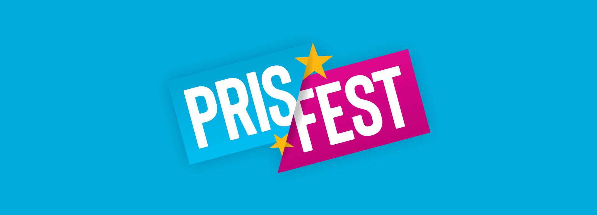 Blå bakgrunn, Prisfest-logo i blått, rosa og gult med hvit tekst