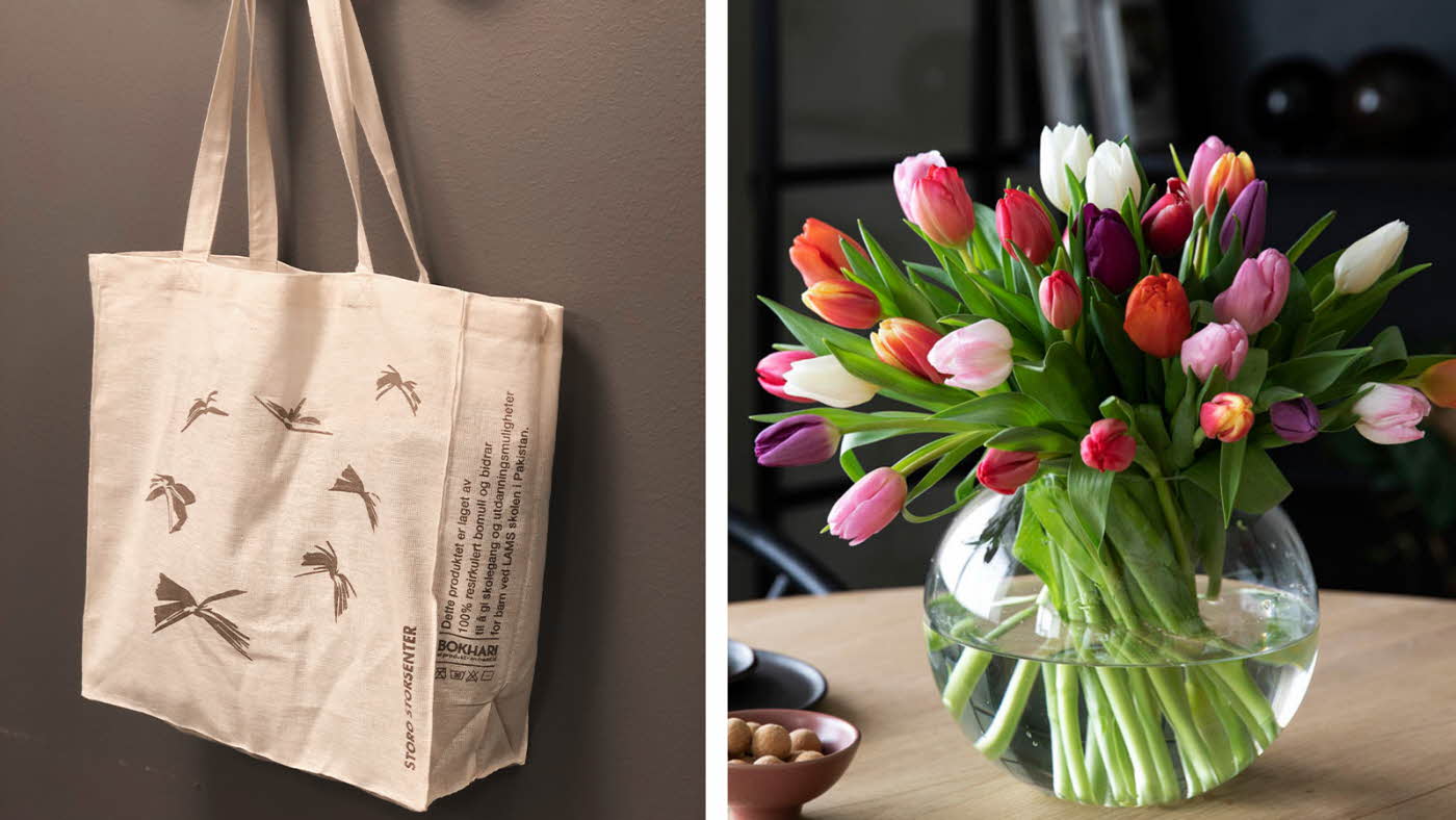 Handlenett med logo av Storo Storsenter og vase med tulipaner