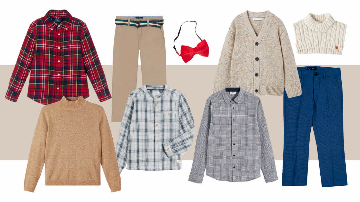 Rødrutete skjorte, gullgenser, beige chinos, blårutete skjorte, rød sløyfe, blårutete skjorte, beige cardigan, hvit hals, blå dressbukse