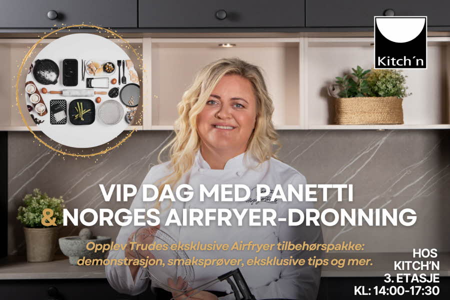 Dame som smiler og tekstne "VIPS DAG med panetti & norges airfryer-dronning"