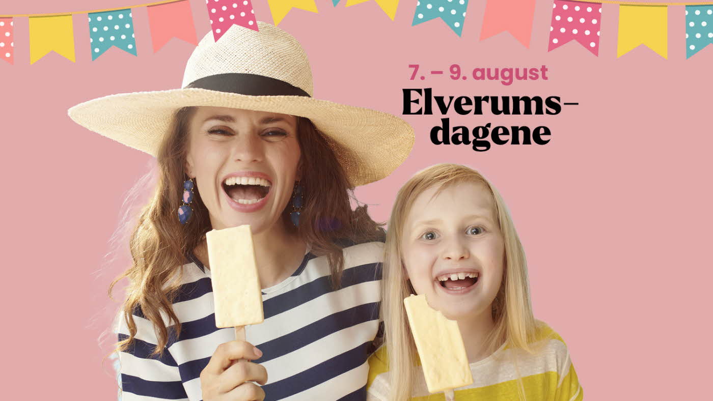 Dame og barn med is og smiler og teksten "Elverumsdagene"