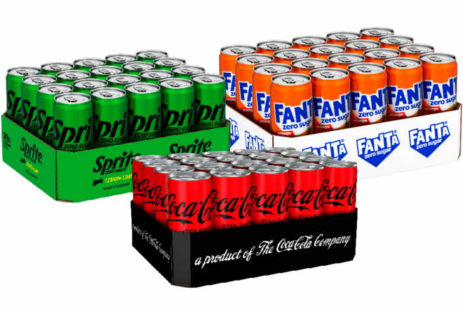Tre pakker brus: Sprite Zero, Fanta Zero og Coca-Cola uten sukker.