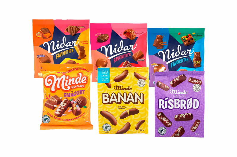 Diverse versjoner av Minde og Nidar sjokoladeposer