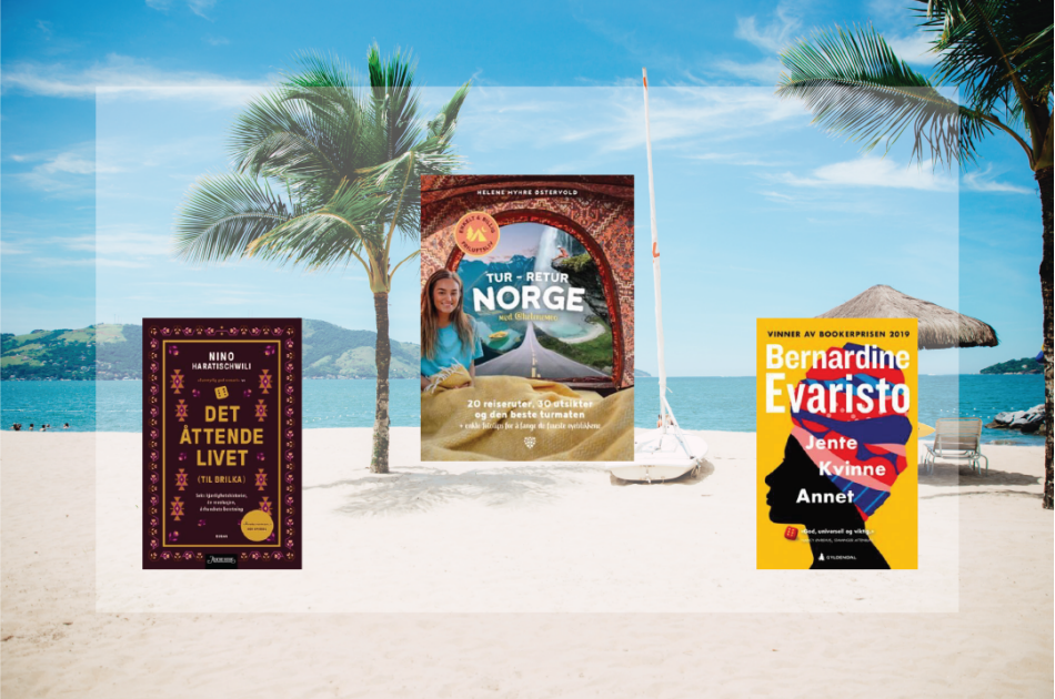 Tre bøker med sandstrand og palmer i bakgrunnen