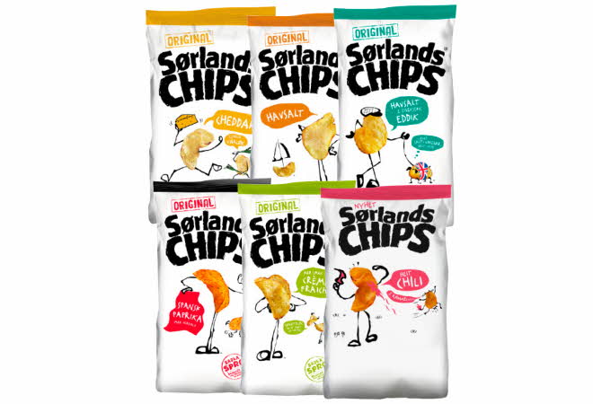 6 varianter av Sørlandschips.