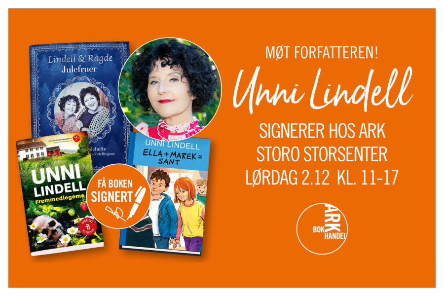 Bokomslag til bøkene til Unni Lindell og teksten boksignering hos Ark