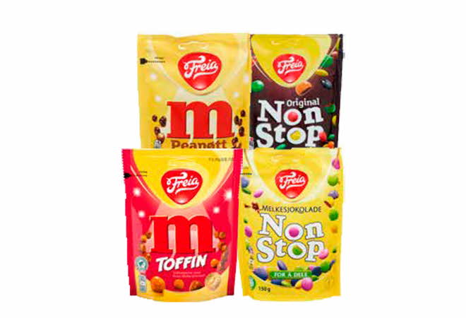bilde av 4 poser med nonstop og M fra freia