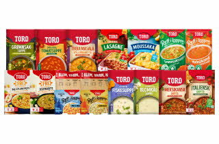 Et utvalg TORO-produkter, inkludert supper, gryteretter og ovnsretter i ulike varianter.