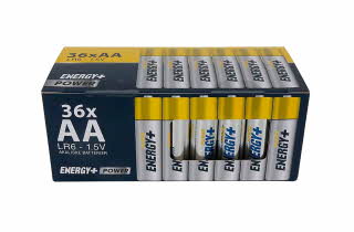 Pakke med 36 stykk AA-batterier fra Energy+.