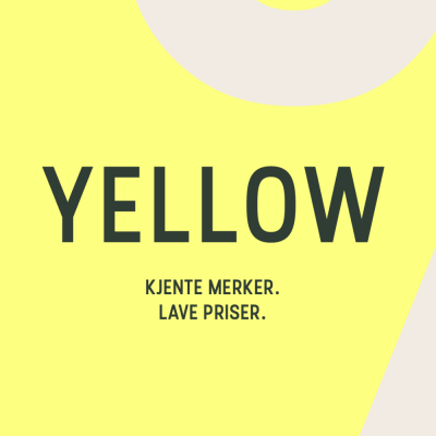 Gul og grå bakgrunn med teksten "Yellow. Kjente merker. Lave priser"