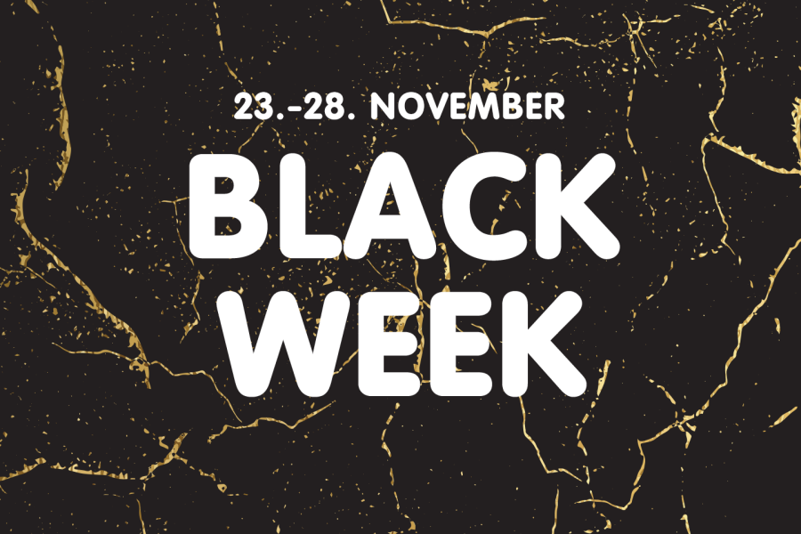 Logoen Black Week og datoene 23.-28. november på svart og gullaktig bakgrunn, marmormønstret