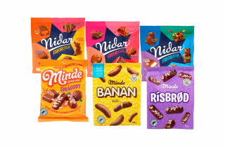 Diverse versjoner av Minde og Nidar sjokoladeposer