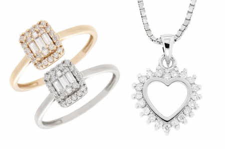 bilde av 2 diamantringer og ett diamantsmykke