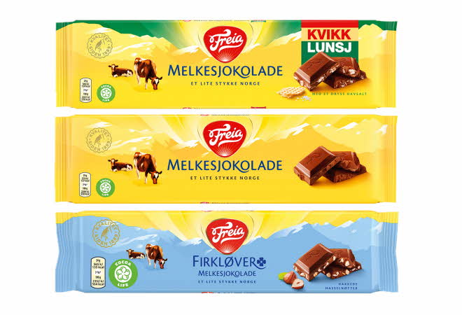 Tre stykk Freia sjokoladeplater.