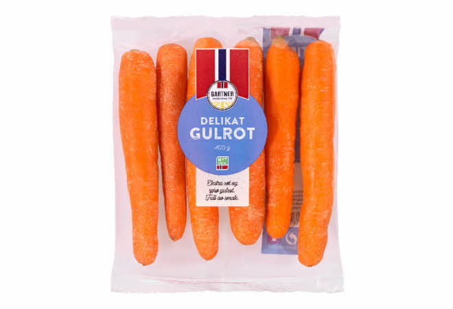 En pakke med norske gulrøtter fra Gartner