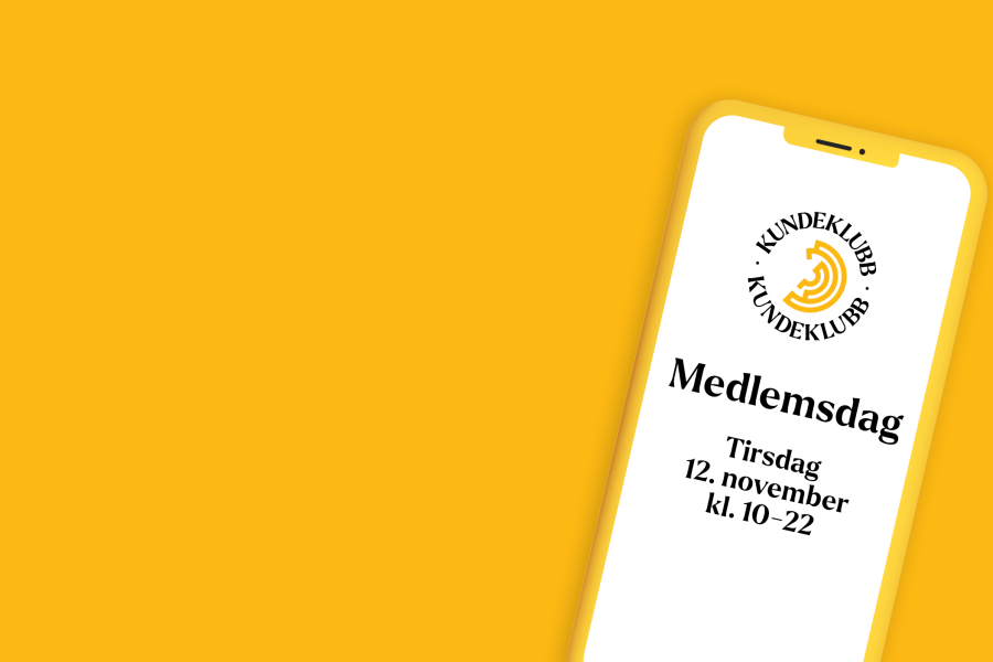 mobilskjerm på gul bakgrunn med teksten "medlemsdag tirsdag 12. november kl. 10-22"