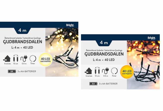 To pakker med Gudbrandsdalen batteridrevne lyslenker med 40 LED-pærer i varm hvit og varm glød.