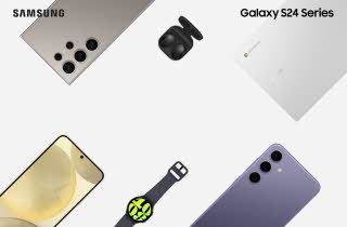 Diverse Samsung produkter, som smarttelefon, chromebook, bluetooth ørepropper og en smartklokke