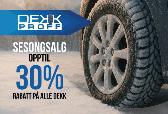 Et bildekk i snølandskap med tekst "opptil 30% på alle dekk"