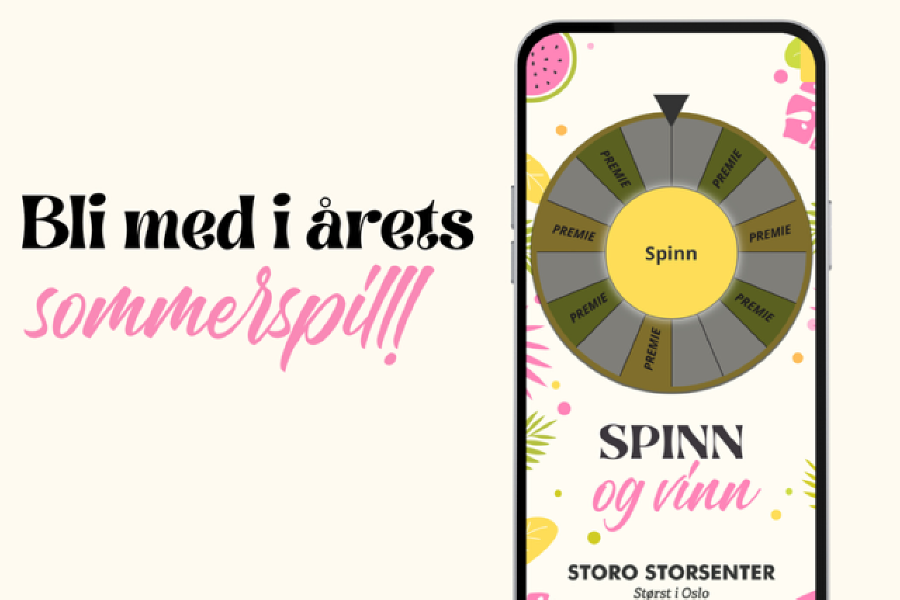 Grafisk bilde med teksten " Bli med i årets sommerspill" og en mobiltelefon med en spillhjul