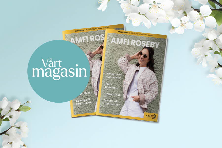 Magasin med blå bakgrunn og en boble med teksten "Vårt magasin"