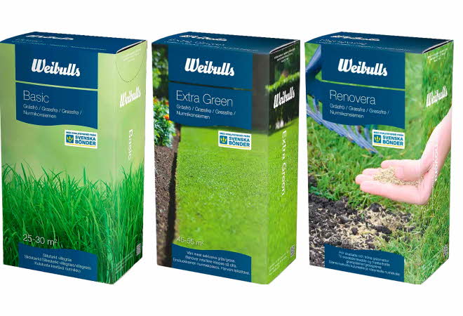 Tre ulike pakker med 1 kg plenfrø fra Weibulls.