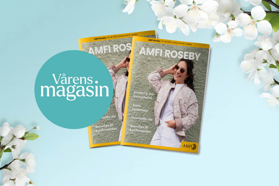 Grafisk bilde med fremsiden av et magasin på blå bakgrunn og teksten "Vårens magasin"