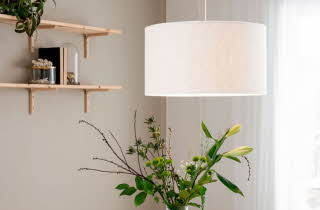 Hjørnet av et rom med en taklampe som henger over en vase med blomster, og et par hyller på veggen